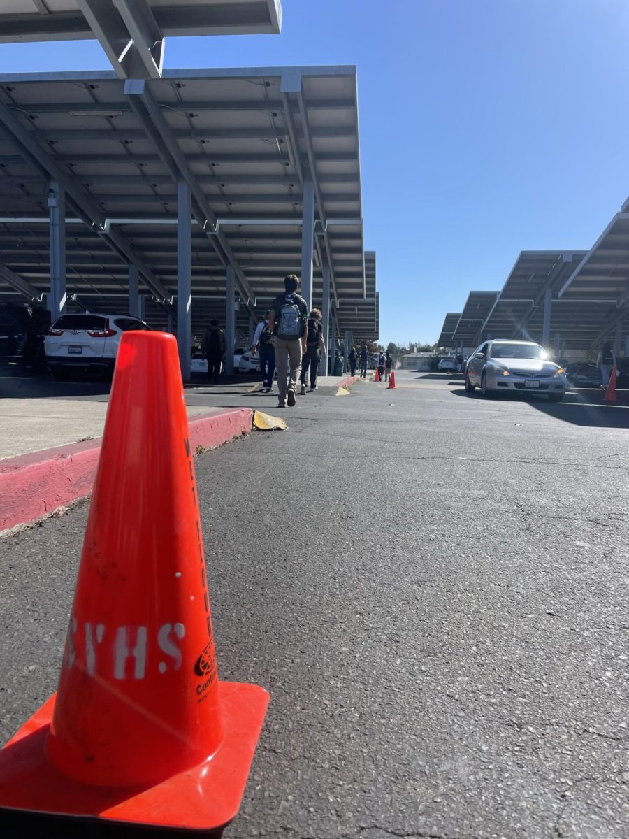 cones directing people in te svhs arking lot