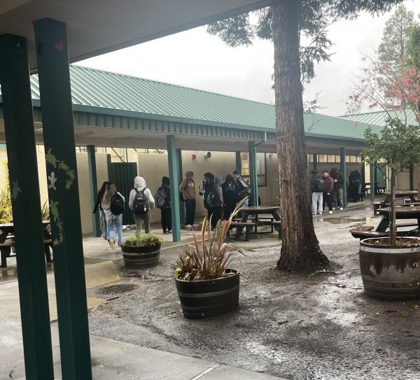 Students huddle under awning for cover during rain.