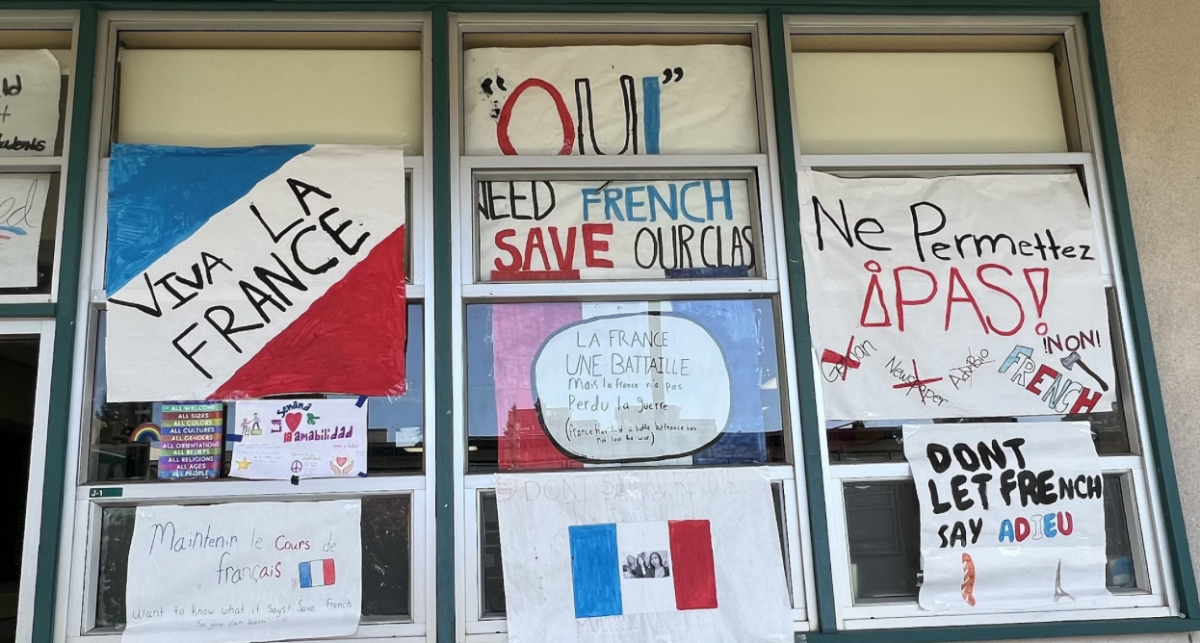 Posters outside of the French classroom protesting the removal of SVHS's French program,